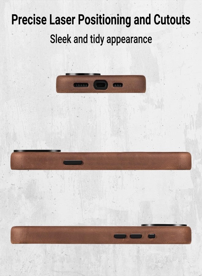 Belemay Compatible with iPhone 15 Pro Leather Case Magsafe - Top Grain Vintage Crazy Horse Leather - Metal Buttons & Camera Bezel Bump - Slim Fit & Soft - Premium Phone Cover (6.1-inch) Retro Brown - Image 5